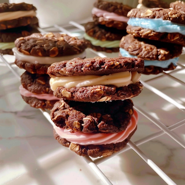 Chocolate Oat Sandwich Cookies with Colorful Frosting