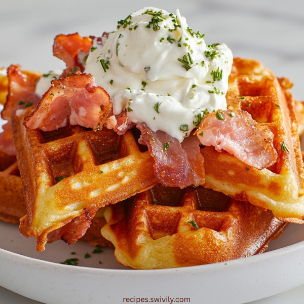 Crispy Waffles with Ham and Herbed Cream
