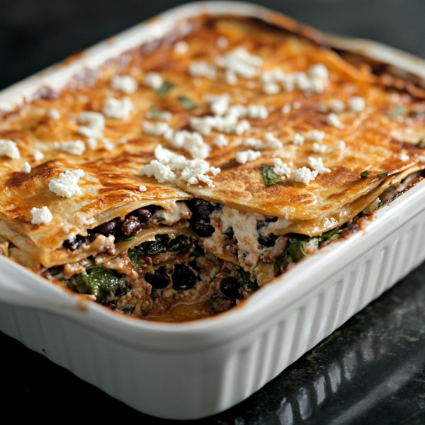 Layered Pasilla-Tortilla Casserole with Black Beans, Mushrooms & Chard