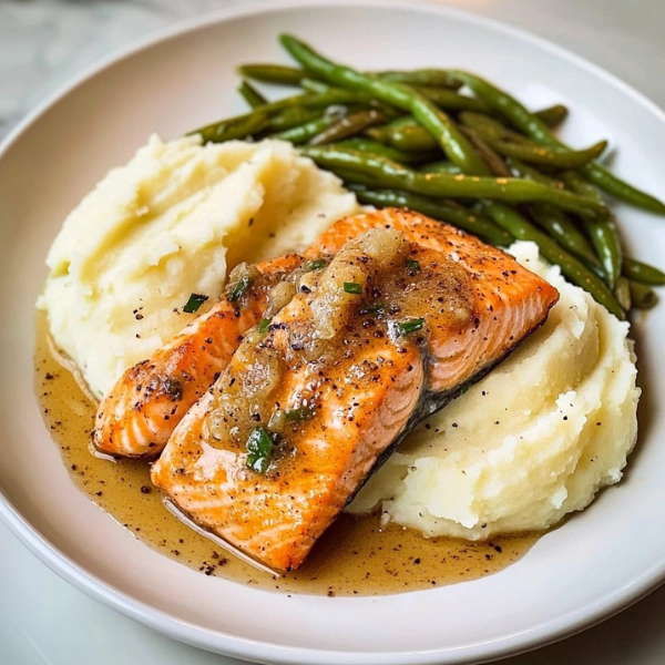 Garlic Butter Salmon with Mashed Potatoes & Green Beans