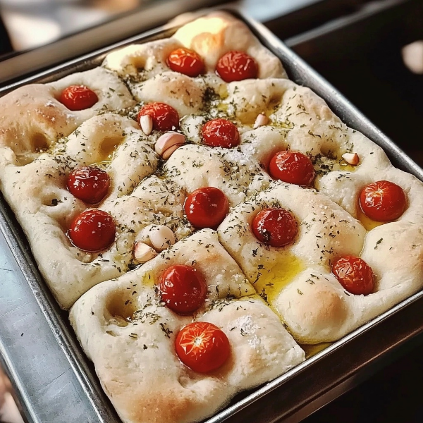 No-Knead Focaccia with Cherry Tomatoes & Garlic