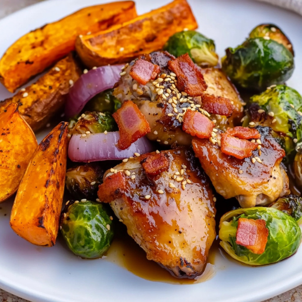 Maple-Roasted Chicken Thighs with Sweet Potato Wedges and Brussels Sprouts