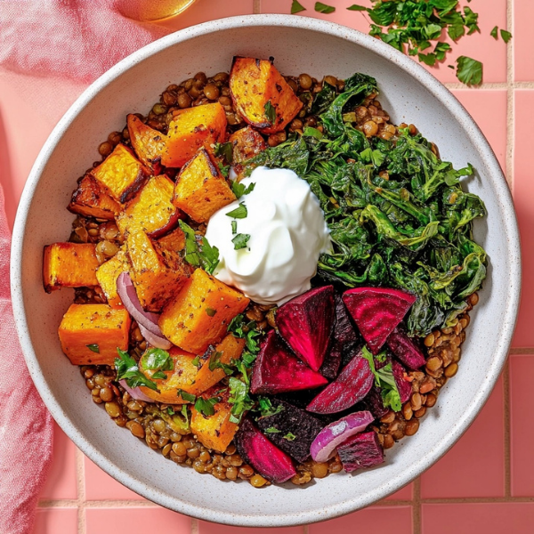 Roasted Root Veggies & Greens over Spiced Lentils