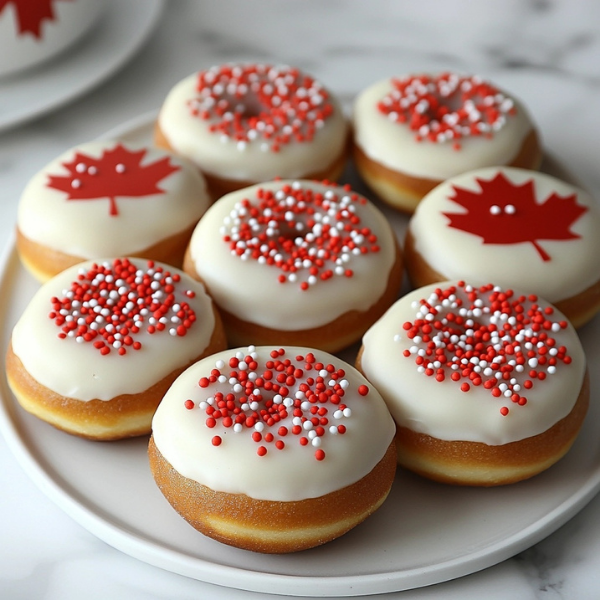 Baked Vanilla Donuts with Red & White Glaze