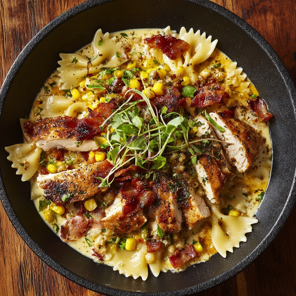 Creamy Chicken and Corn Pasta with Bacon Recipe - Recipe Image