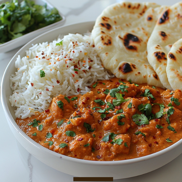 Butter Chicken with White Rice and Garlic Naan