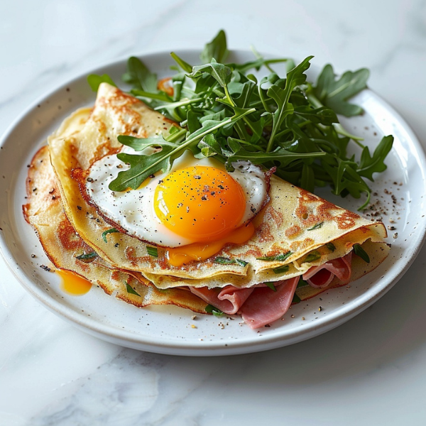 Croque Madame Crêpe with Sunny‑Side‑Up Egg and Arugula
