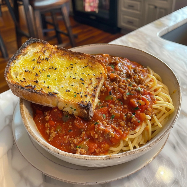 Homemade Garlic Bread with Hearty Spaghetti Meat Sauce