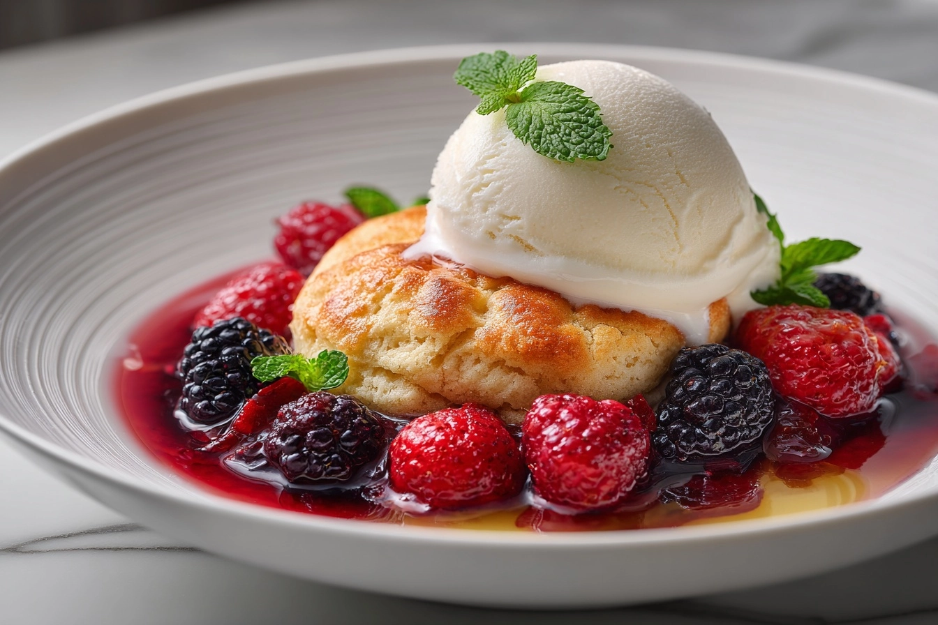 Warm Mixed Berry Cobbler with Vanilla Ice Cream Recipe