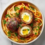 Spaghetti with Egg-Stuffed Giant Meatballs Recipe