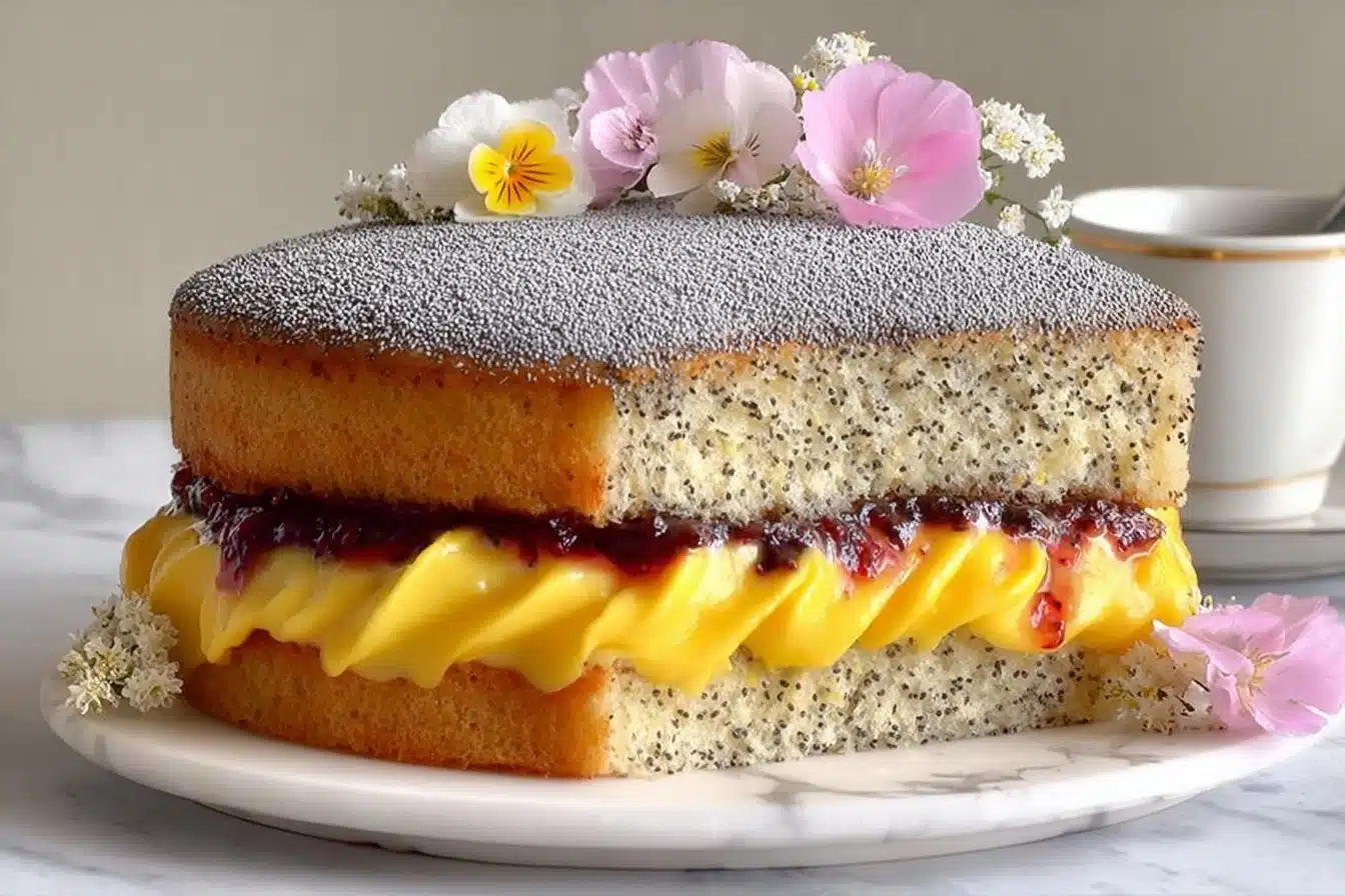 Poppy Seed Layer Cake with Lemon Curd and Berry Cream Recipe - Recipe Image