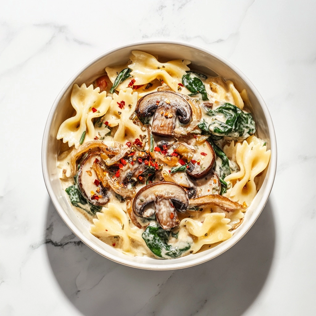 Creamy Mushroom Spinach Bowtie Pasta Recipe 4 Creamy Mushroom Spinach Bowtie Pasta Recipe - Recipe Image