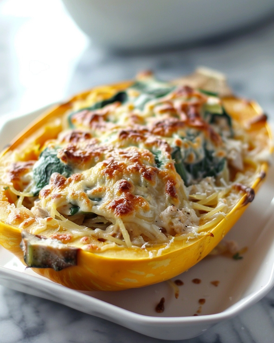 Spinach Artichoke Stuffed Spaghetti Squash Recipe 4 Spinach Artichoke Stuffed Spaghetti Squash Recipe - Recipe Image