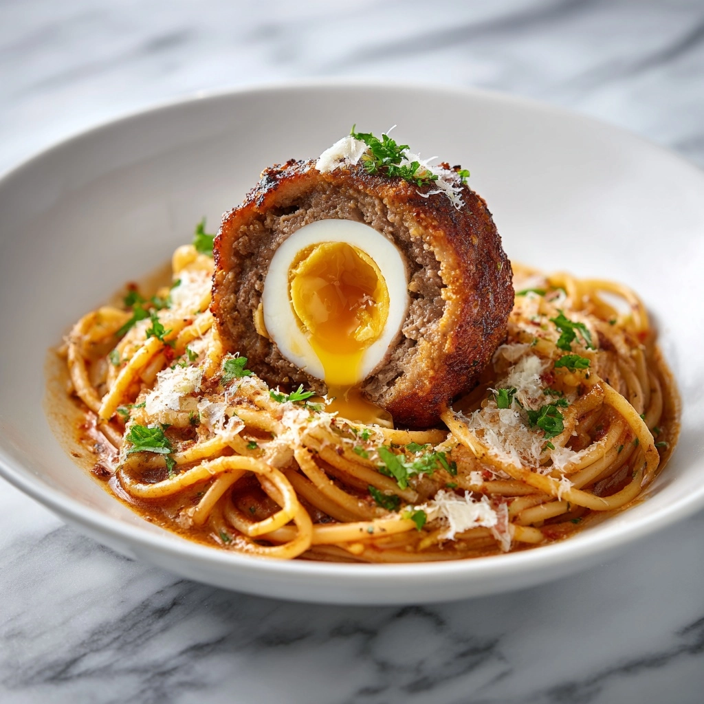 Spaghetti with Egg-Stuffed Giant Meatballs Recipe - Recipe Image