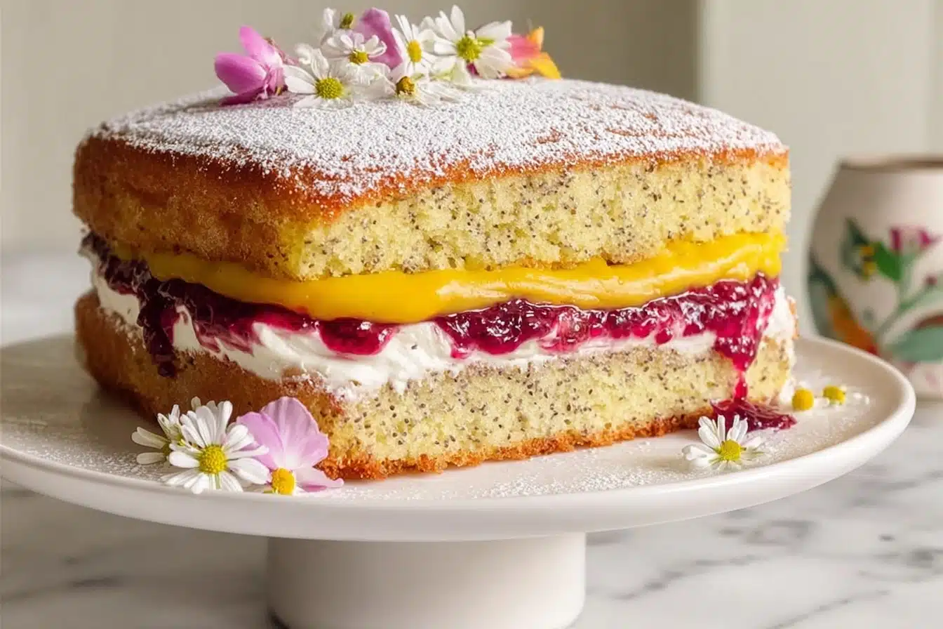 Poppy Seed Layer Cake with Lemon Curd and Berry Cream Recipe