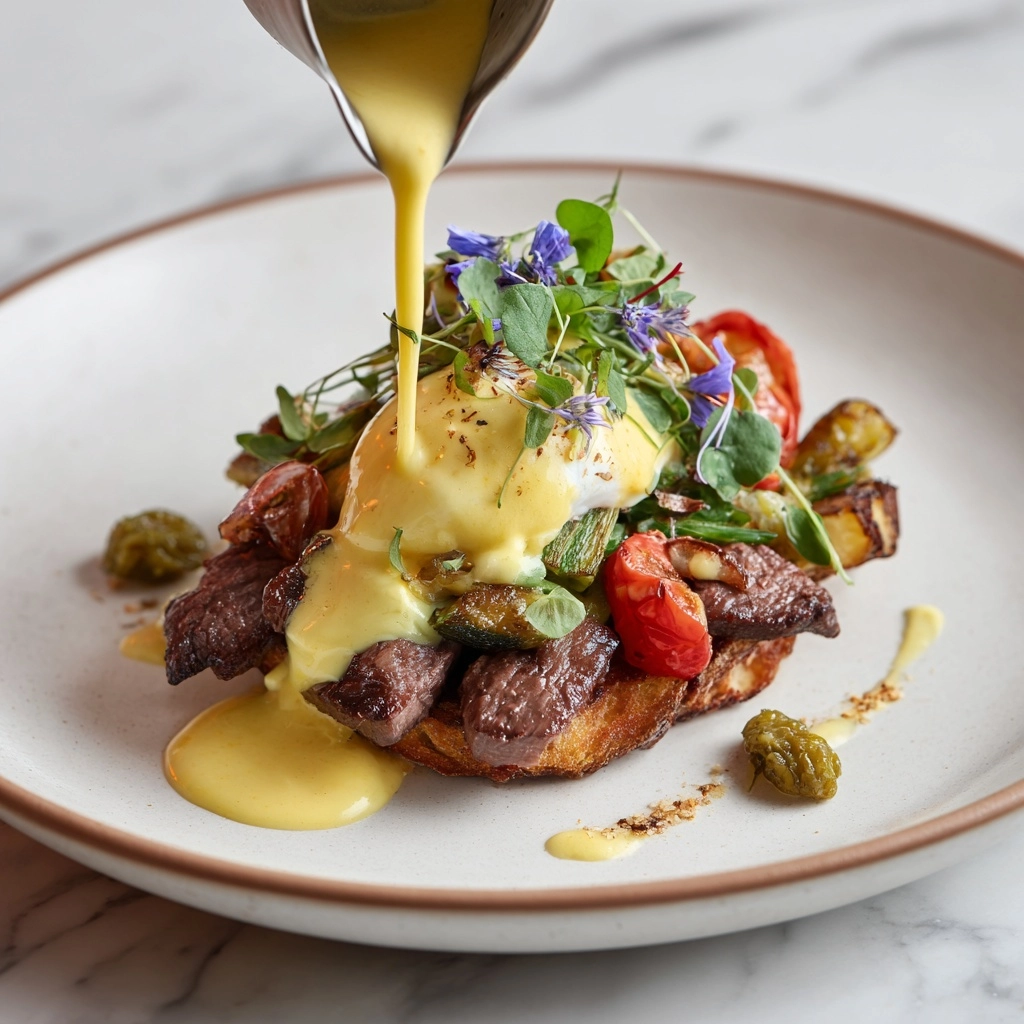 Steak & Potato Hash Eggs Benedict with Hollandaise Recipe - Recipe Image