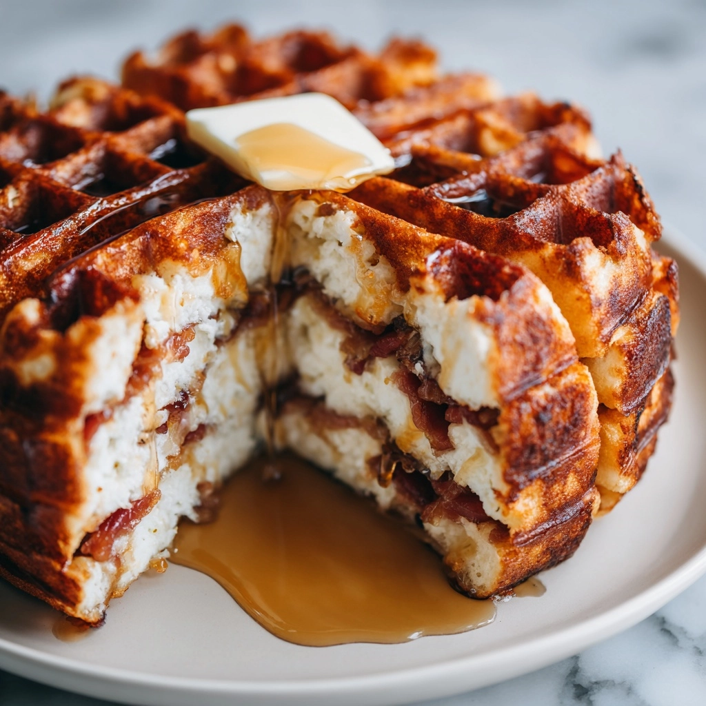 Crispy Fluffy Yeasted Waffles with Bacon & Syrup Recipe - Recipe Image