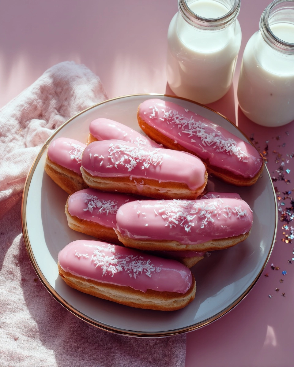 Finger Bun Éclairs with Pink Glaze & Coconut Sprinkle Recipe