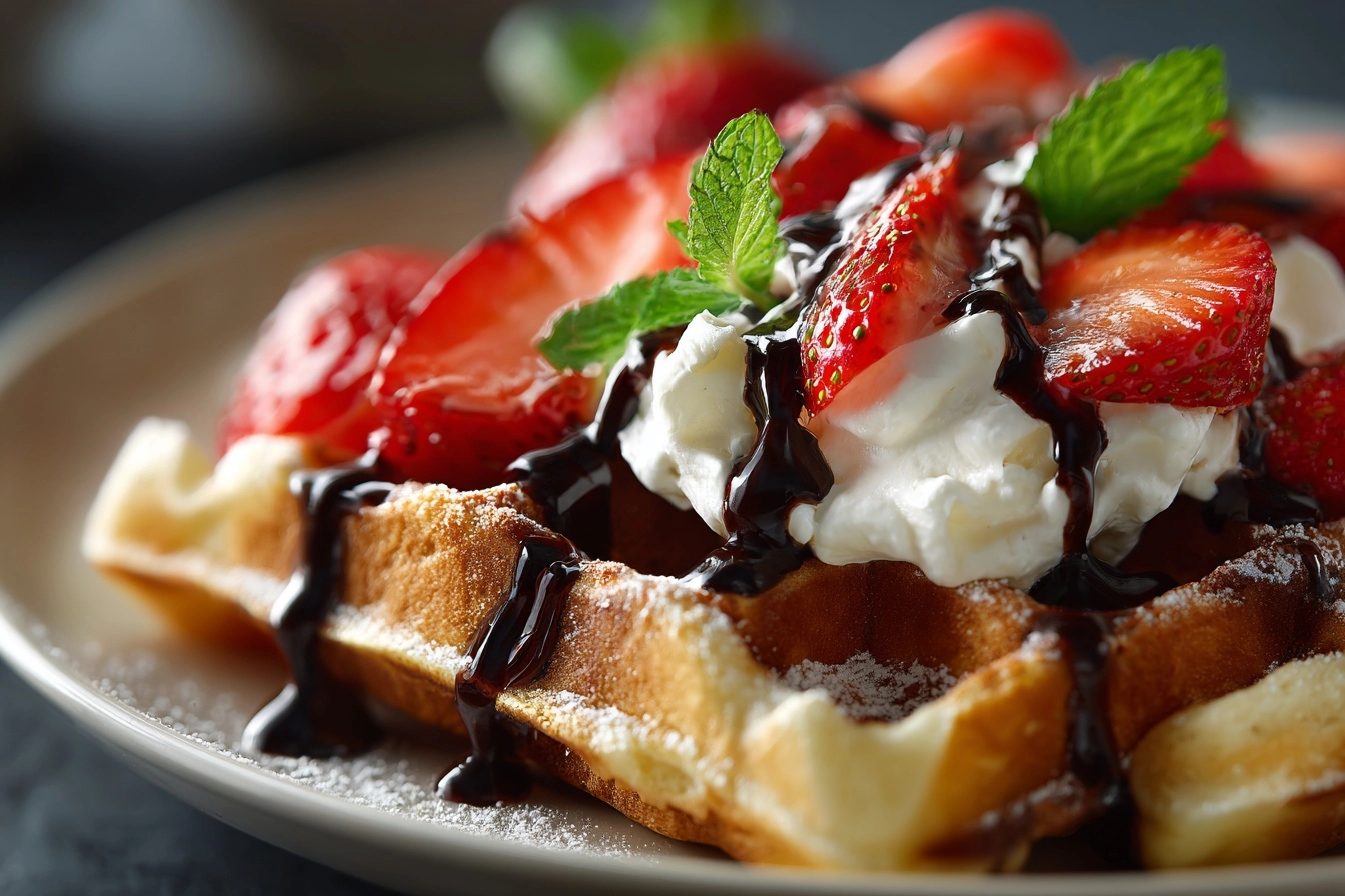 Fluffy Chocolate Waffles with Strawberries & Cream Recipe - Recipe Image