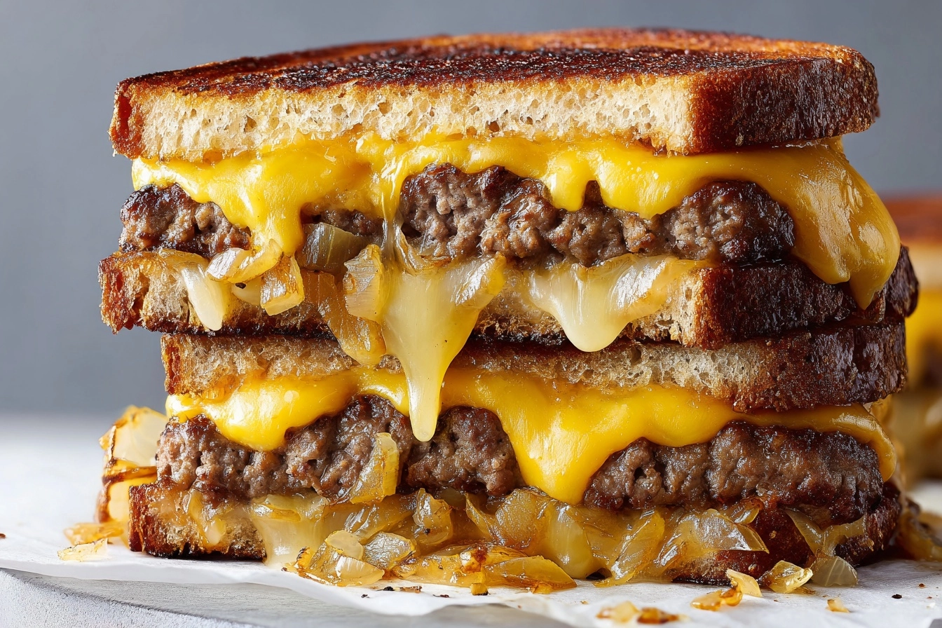 Patty Melt with Cheddar, Pepper Jack & Caramelized Onions Recipe