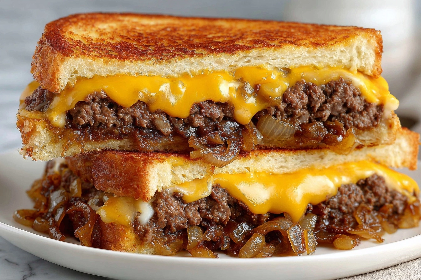 Patty Melt with Cheddar, Pepper Jack & Caramelized Onions Recipe 4 Patty Melt with Cheddar, Pepper Jack & Caramelized Onions Recipe - Recipe Image