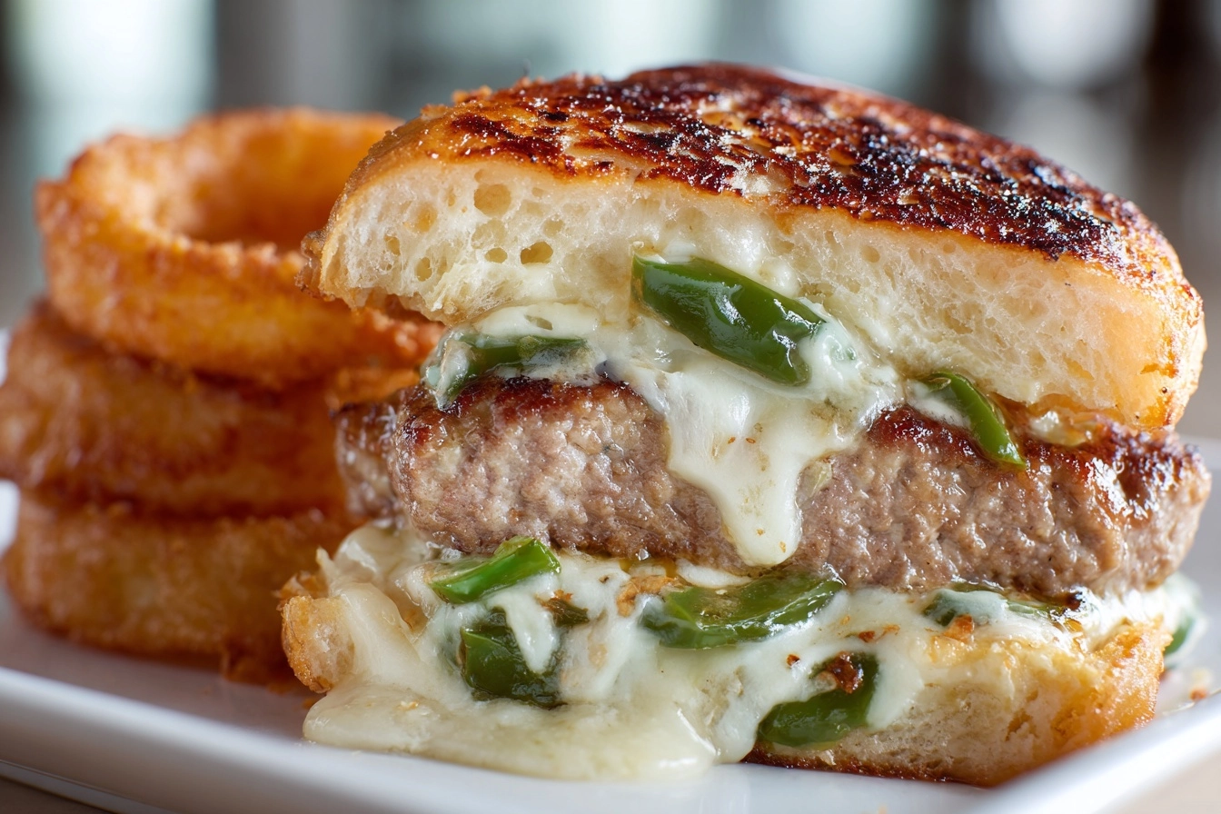 Green Chile Cheeseburger with Crispy Onion Rings Recipe