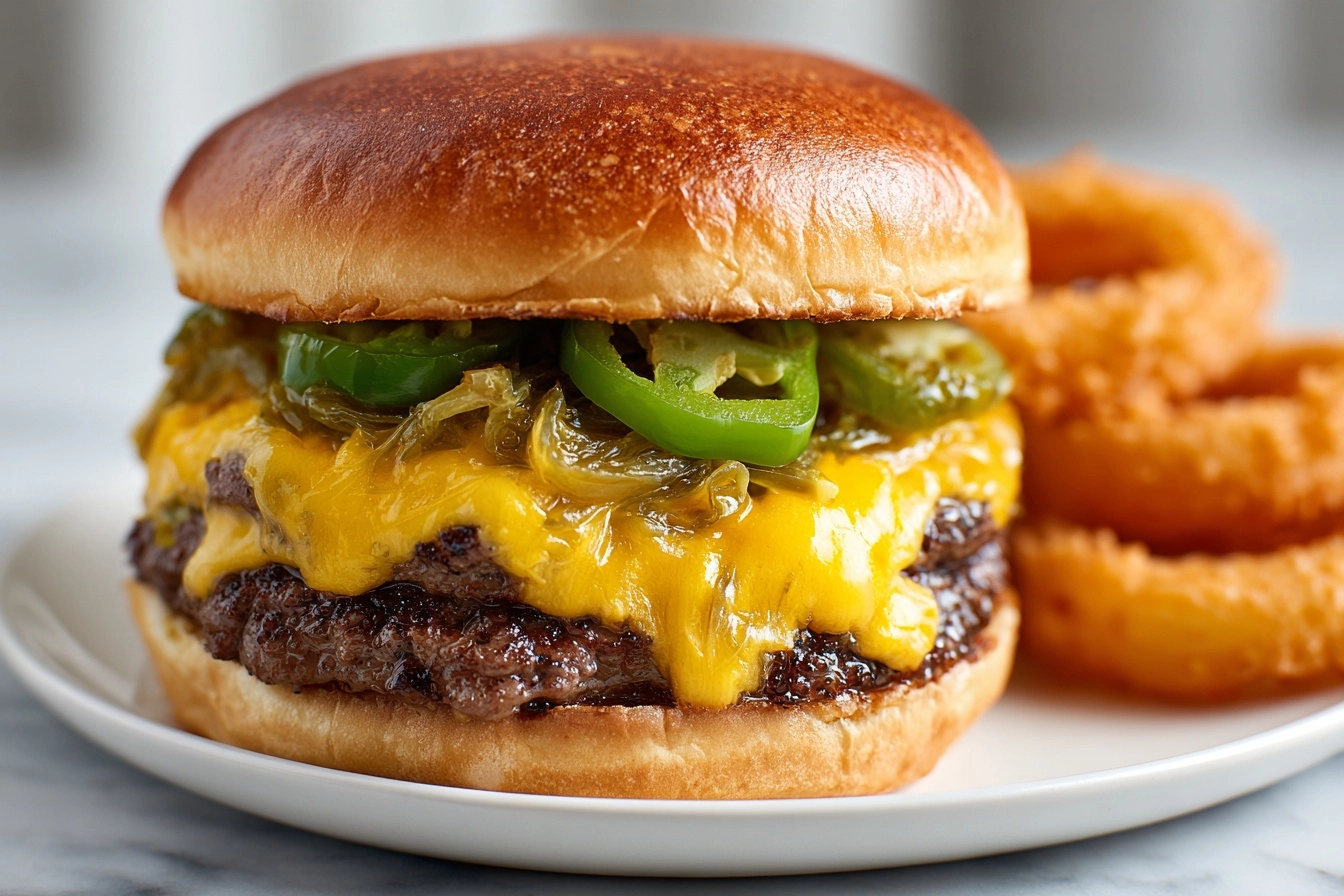 Green Chile Cheeseburger with Crispy Onion Rings Recipe 4 Green Chile Cheeseburger with Crispy Onion Rings Recipe - Recipe Image