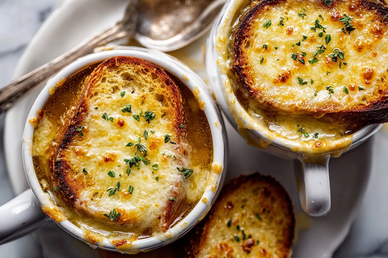 sweet caramelized onions simmered in a rich beef broth, topped with crusty bread and blanketed under a layer of bubbly melted cheese Recipe - Recipe Image