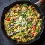 Loaded Risotto-Style Orzo with Pastrami and Roasted Brussels Sprouts Recipe