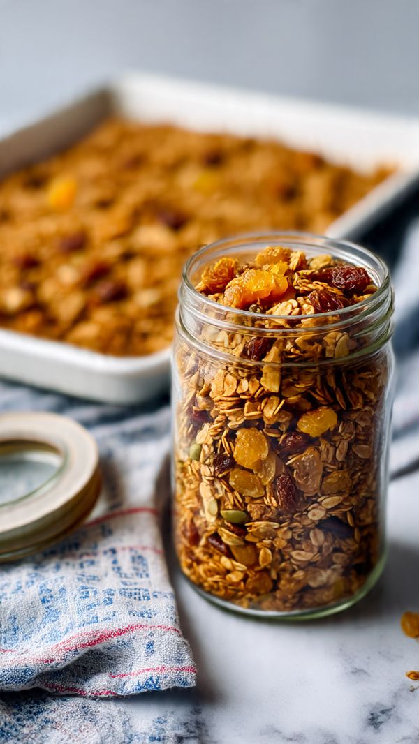 Homemade Ginger Coconut Granola with Nuts and Dried Fruits Recipe - Recipe Image