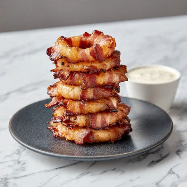 Bacon Bangles: Sausage-Stuffed Onion Rings Wrapped in Crispy Bacon with Maple Cracked Pepper Dipping Sauce Recipe - Recipe Image