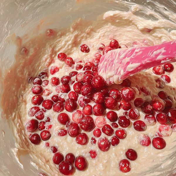 The image shows four small rectangular aluminum foil pans of eggnog cranberry bread arranged in a diagonal line on a black cooling rack above a white marbled surface. The bread in each pan has a golden-brown crust with visible bright red cranberries scattered throughout the soft, light yellow interior, giving the bread patches of red color in a slightly cracked texture. The tops of the breads are rounded and slightly risen, indicating a fluffy bake. Photo taken with an iphone --ar 4:5 --v 7