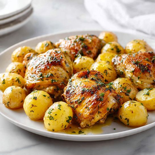 One Pan Garlic Butter Chicken and Potatoes Recipe - Recipe Image