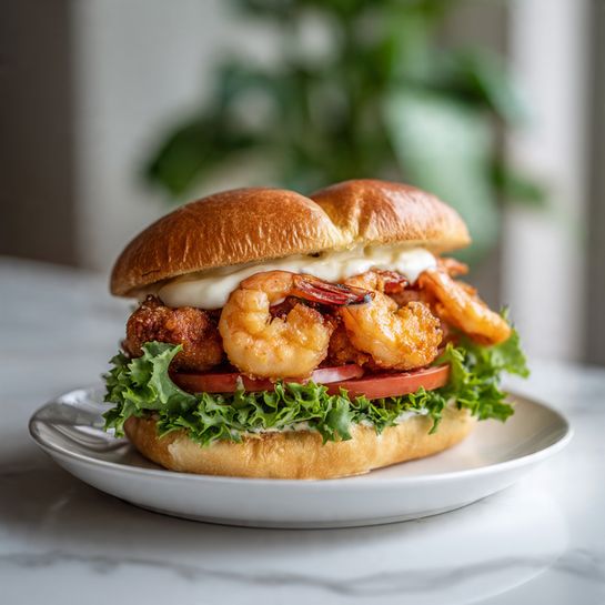 Crispy Korean Shrimp Burger with Creamy Sauce Recipe - Recipe Image