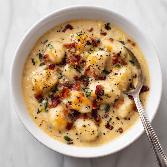 Creamy Bacon Cheddar Gnocchi Soup Recipe - Recipe Image