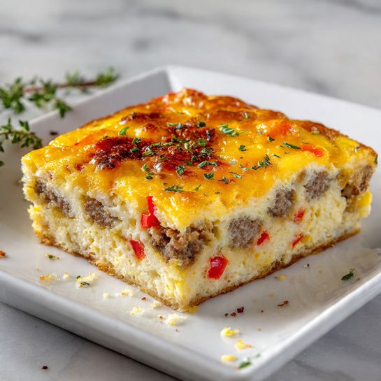 Cheesy Hashbrown Breakfast Casserole with Sausage and Eggs Recipe - Recipe Image