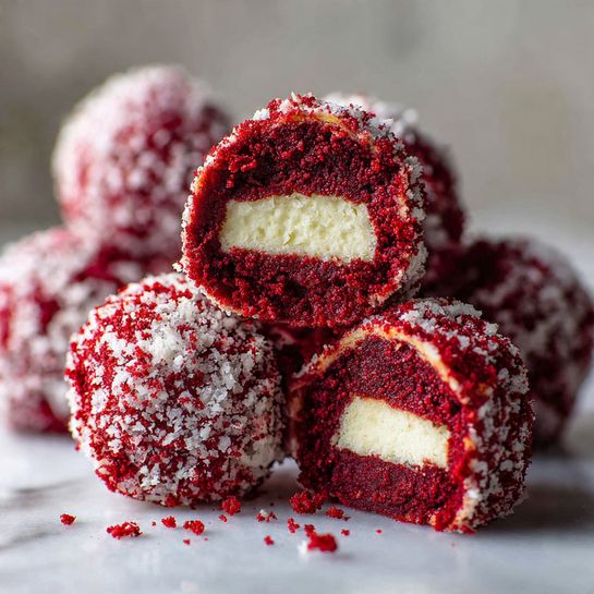 Red Velvet Snowball Cookies with White Chocolate Surprise Recipe - Recipe Image