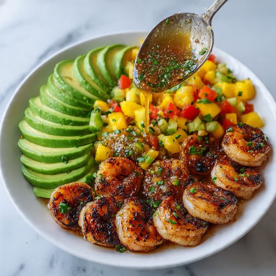 Shrimp & Avocado Bowls with Mango Salsa and Spicy Lime-Chili Sauce Recipe - Recipe Image