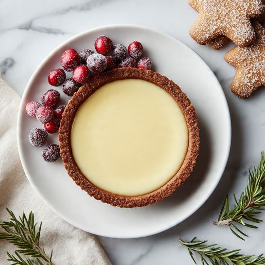 Eggnog Custard Tart with Gingersnap Crust topped with Gingerbread Cookies, Sugared Cranberries, and Rosemary Recipe - Recipe Image