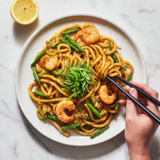 Shrimp Yaki Udon with Zesty Lemon Soy Sauce Recipe