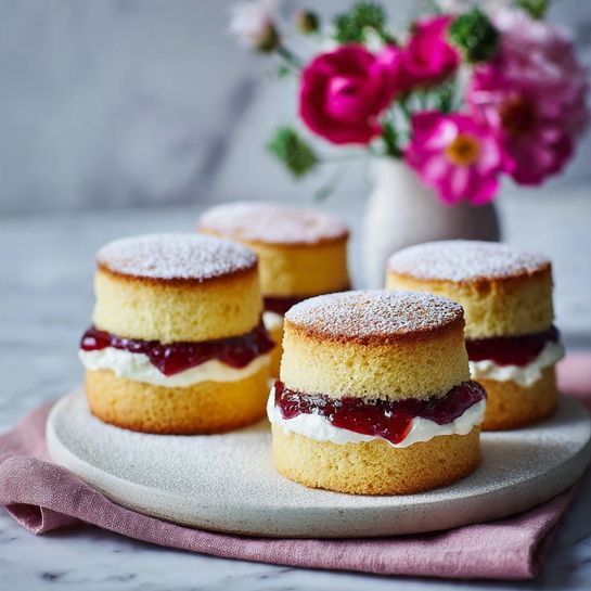 Mini Victoria Sponge Cakes with Strawberry Jam and Whipped Cream Recipe 4 Mini Victoria Sponge Cakes with Strawberry Jam and Whipped Cream Recipe - Recipe Image