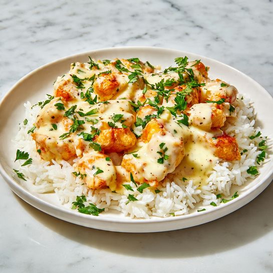 Creamy Smothered Chicken with Fluffy Rice Recipe - Recipe Image