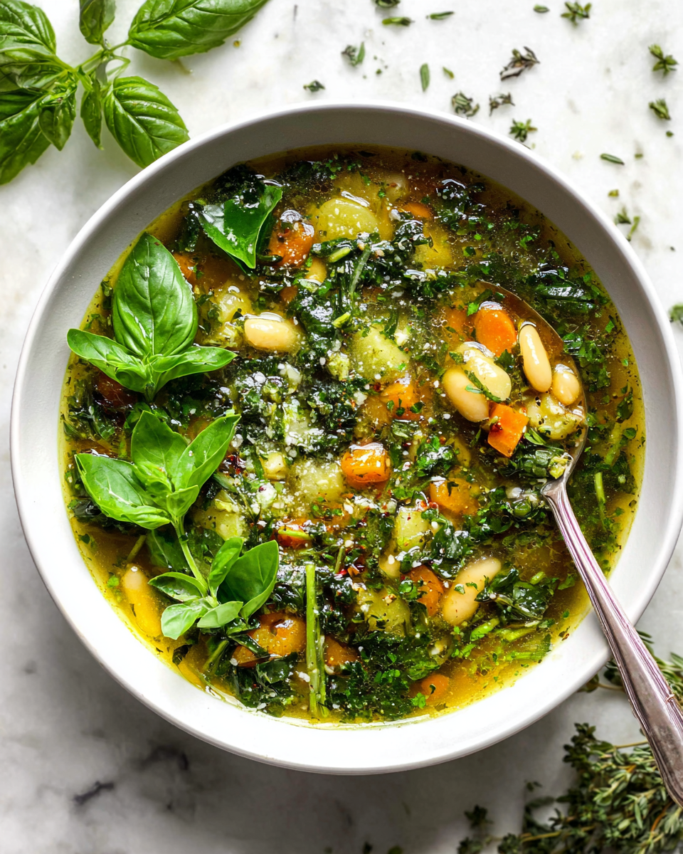 Italian Green Minestrone Soup with Pesto (No Tomato)