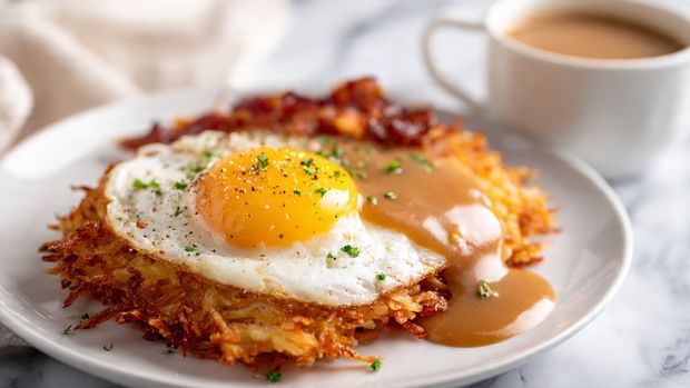 Crispy Hash Browns with Bacon Gravy and Fried Eggs (Ultimate Brunch Plate) - Recipe Image