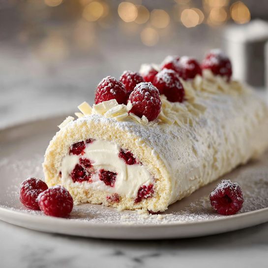 White Chocolate Raspberry Yule Log – Festive Holiday Cake - Recipe Image