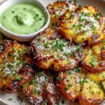 Crispy Garlic-Parmesan Smashed Potatoes with Herbed Green Dipping Sauce Recipe