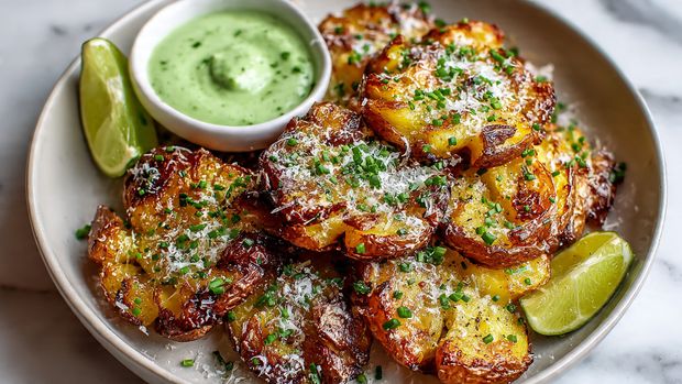 Crispy Garlic-Parmesan Smashed Potatoes with Herbed Green Dipping Sauce Recipe - Recipe Image