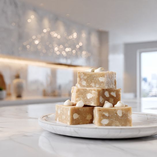 Biscoff Blondies with a Crinkle Top Recipe 5 The image shows several square pieces of light golden brown blondies with visible white chocolate chips inside, arranged on a wooden board with long darker brown stripes. Some blondies are stacked in small piles, while others lie flat individually. The texture looks soft with a subtle crackled top. A few white chocolate chips are scattered around the wooden board. Part of a white marbled plate is visible at the edge of the image, resting on a white marbled surface. Photo taken with an iphone --ar 4:5 --v 7