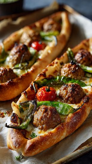 Turkish Meatball Pide with Peppers and Cheese Recipe