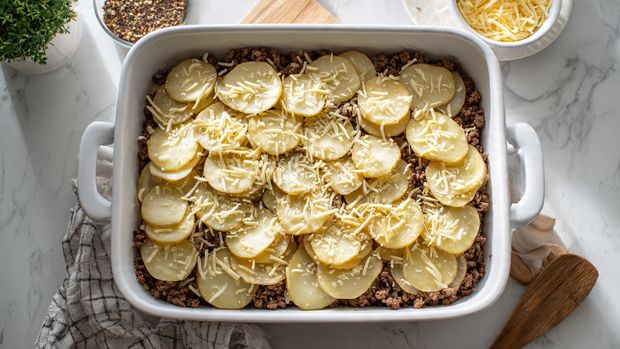 Easy Cheesy Ground Beef & Potato Casserole (Family Favorite Dinner Bake) - Recipe Image